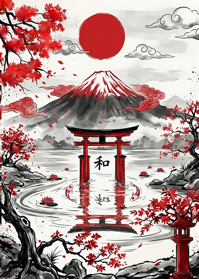Japanese Mount Fuji Wall Art with Torii Gate
