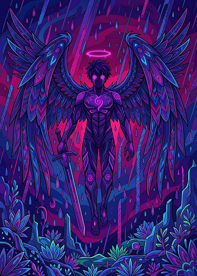 Neon Winged Warrior in Rain
