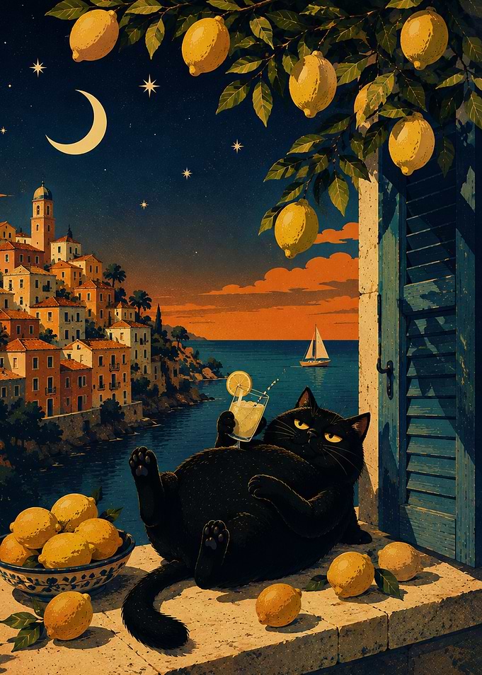 Chubby Black Cat Relaxing with Lemonade