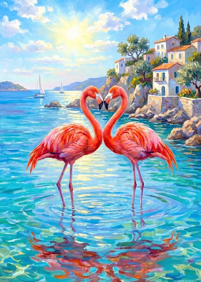 Flamingos in Love by the Sea
