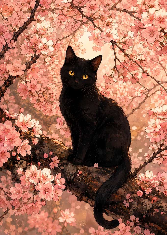 Black Cat in Cherry Blossom Tree