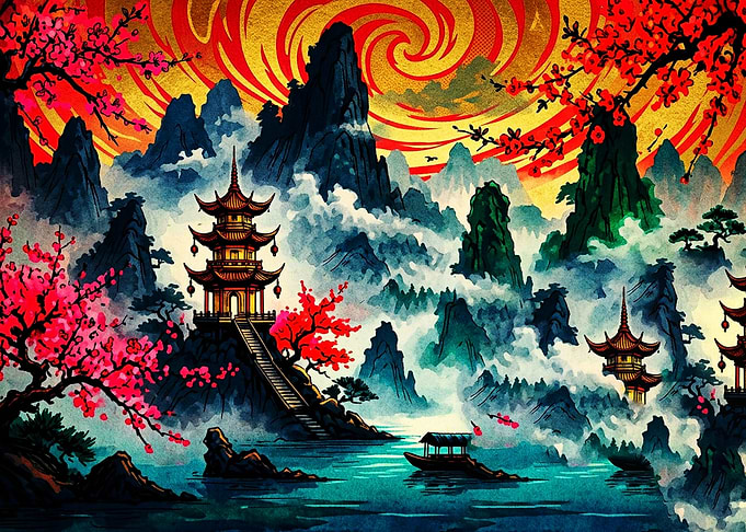 Vibrant Asian Mountain Temple Landscape