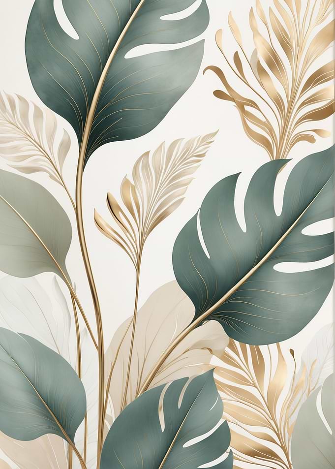 Elegant Gold and Teal Tropical Leaves