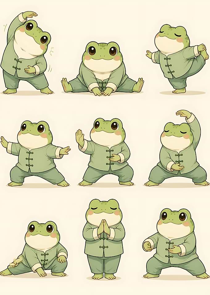 Cute Frogs Practicing Tai Chi