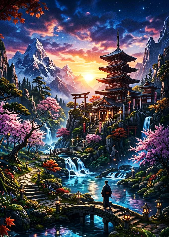 Samurai at Japanese Temple Sunset