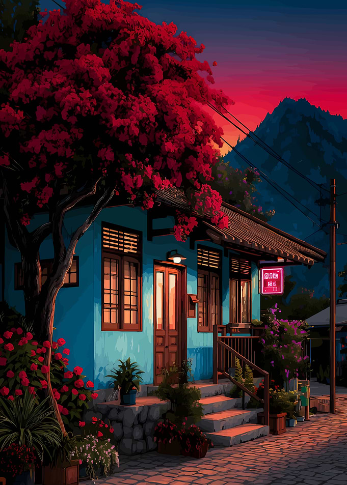 Cozy Blue House at Sunset
