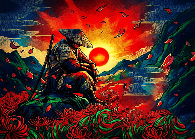 Samurai Resting Amidst Red Flowers