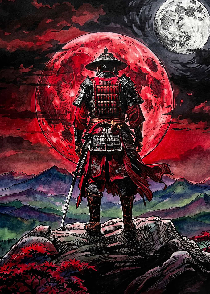 Samurai Standing Before Blood Moon