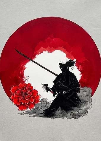 Samurai Silhouette with Red Flower