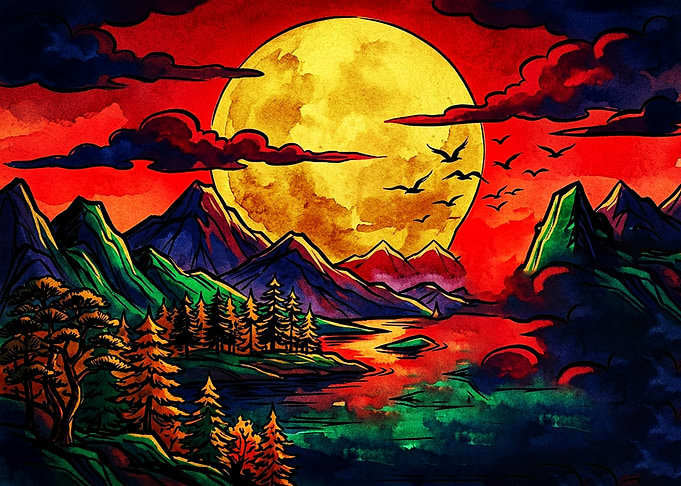 Vibrant Surreal Mountain Landscape Painting