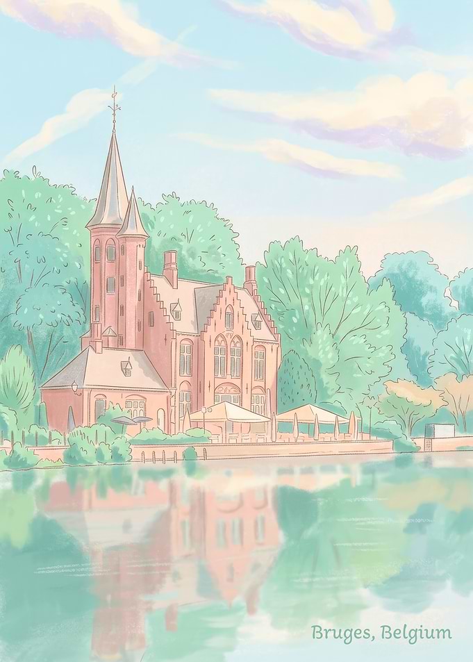 Bruges Belgium Canal Side Illustration