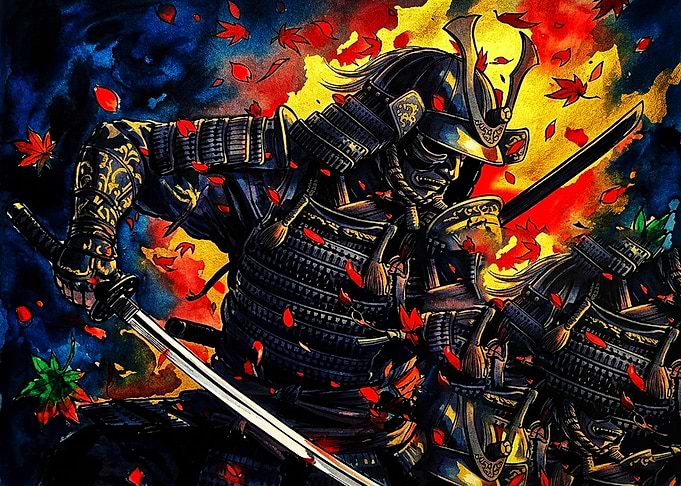 Samurai Warrior Amidst Falling Maple Leaves