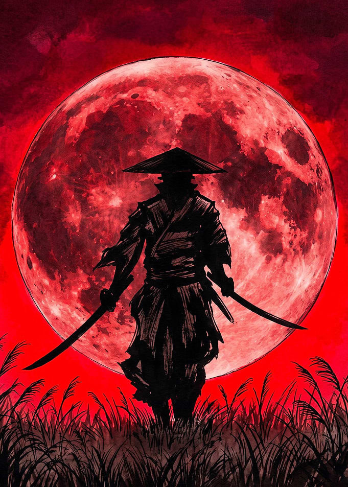 Samurai Silhouette Under Red Moon