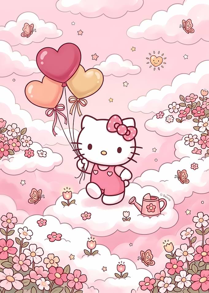 Hello Kitty Floating on Pink Clouds