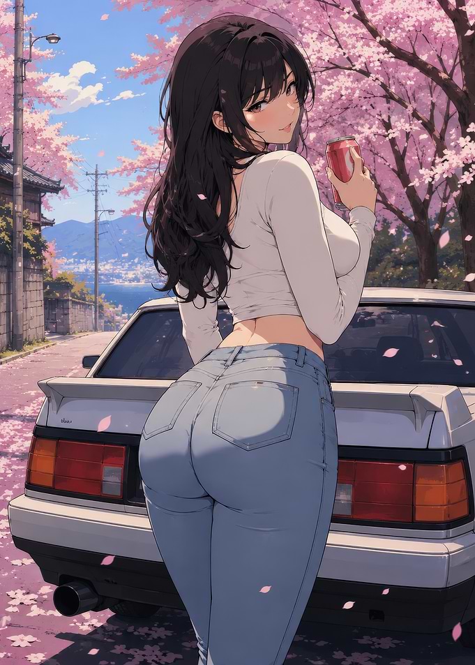 Anime Girl with Car and Cherry Blossoms