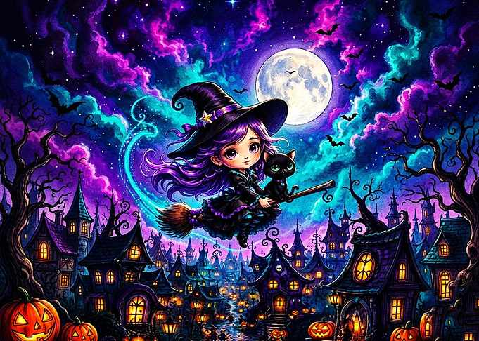 Cute Witch Flying Over Spooky Town