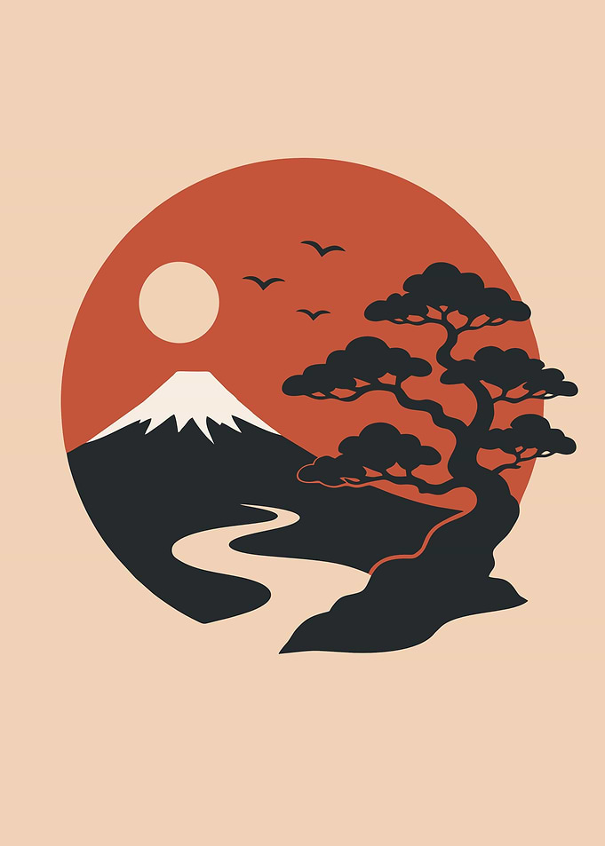 Minimalist Japanese Landscape with Bonsai
