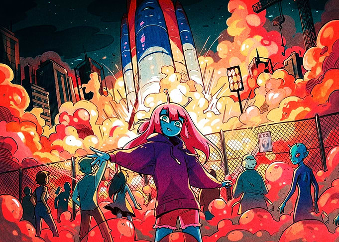 Alien Girl Watching Rocket Launch