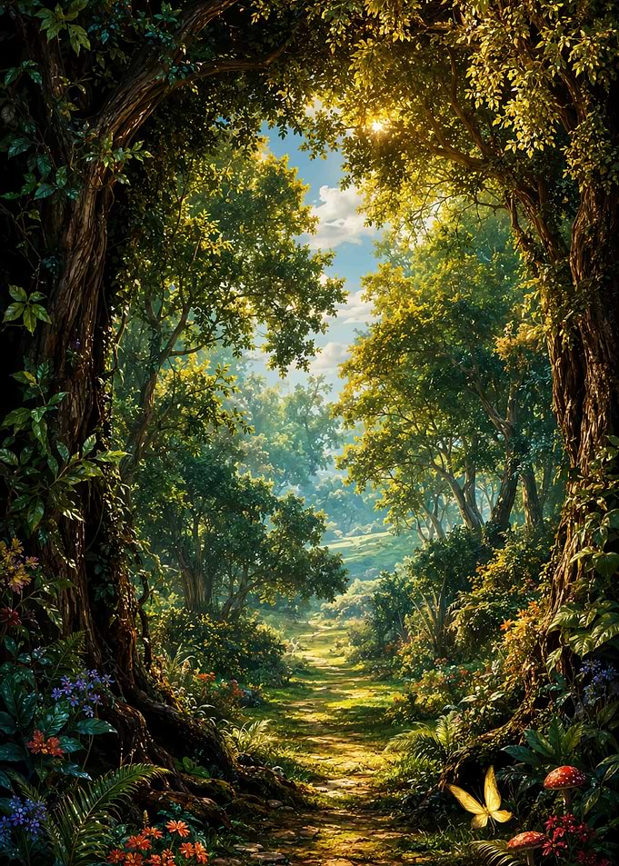 Enchanted Forest Path with Golden Light
