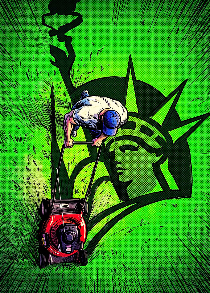 American Dream Lawn Mowing Illustration