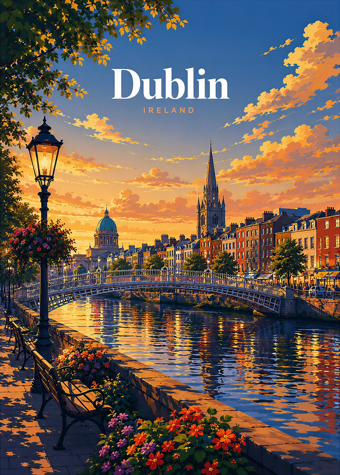 Dublin Ireland Sunset Travel Poster