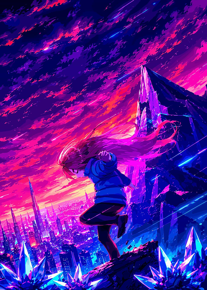 Anime Girl Leaping Over Neon City