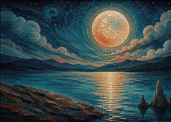 Mosaic Style Moonlit Lake Landscape