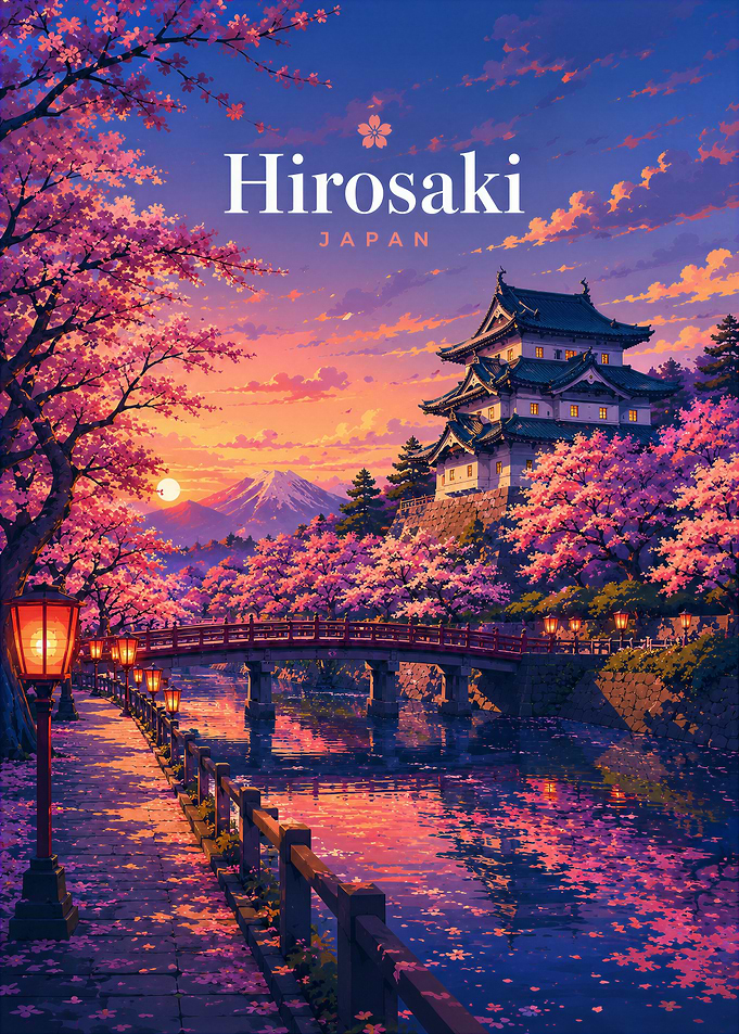 Hirosaki Japan Cherry Blossom Sunset, Travel Poster