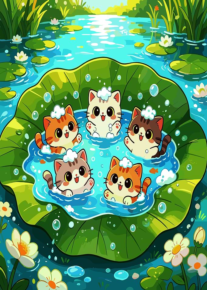 Five Cute Kittens Bathing on Lilypad