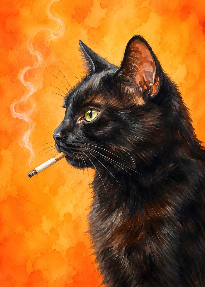 Black Cat Smoking Cigarette Portrait