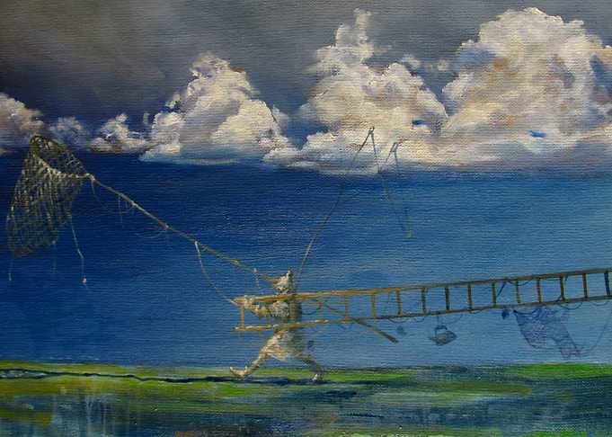 Surreal figure carrying ladder and net