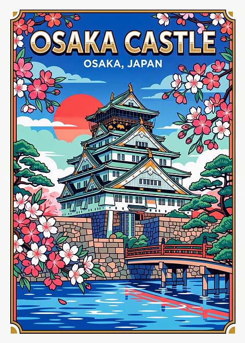 Osaka Castle Japan Travel Poster — retro travel art printed on metal