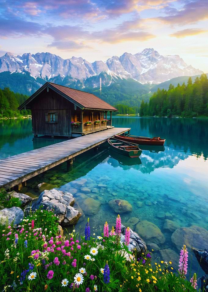Alpine Lake Cabin at Sunset