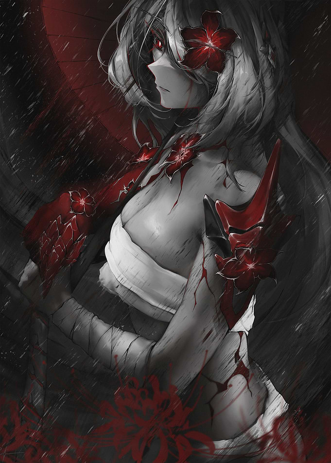 Dark Anime Girl with Red Flowers