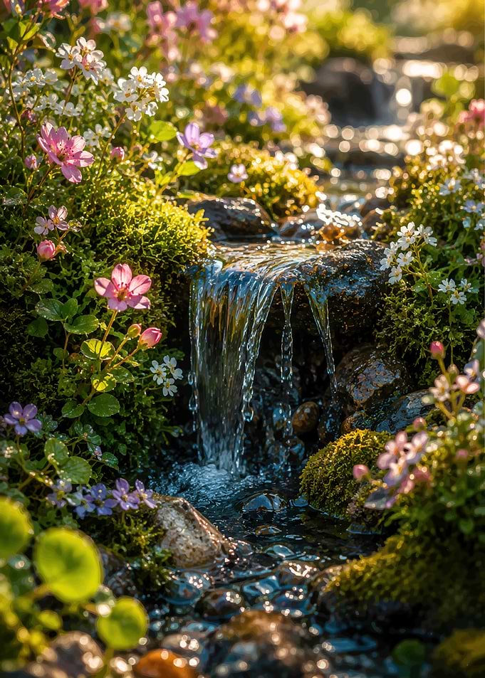Small Waterfall Among Wildflowers