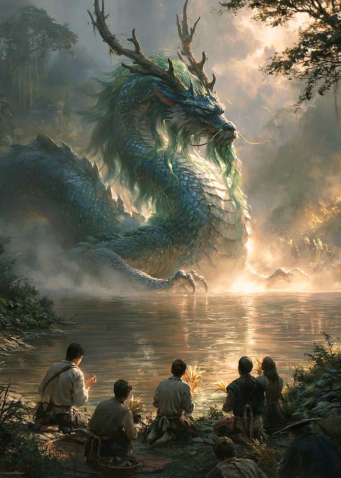 People Encountering a Majestic River Dragon