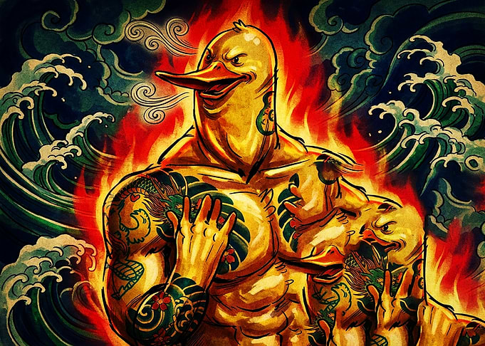 Muscular Tattooed Duck Yakuza Style
