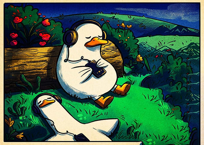 Ducks Relaxing with Music Outdoors