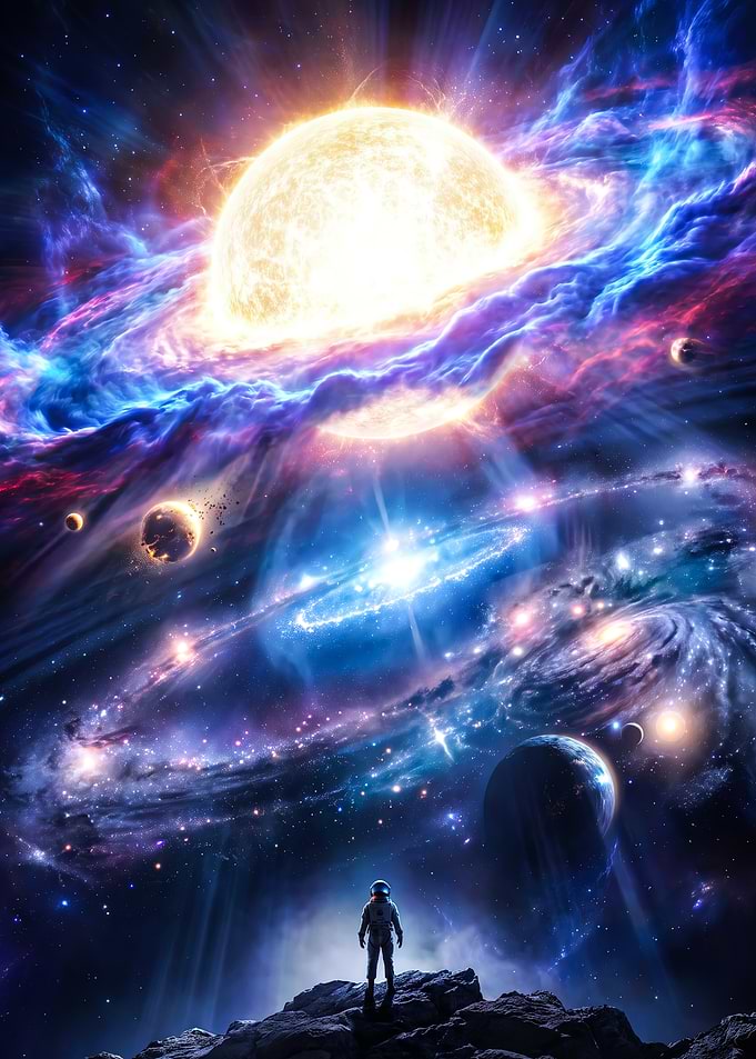 Astronaut Observing Cosmic Galaxy Nebula