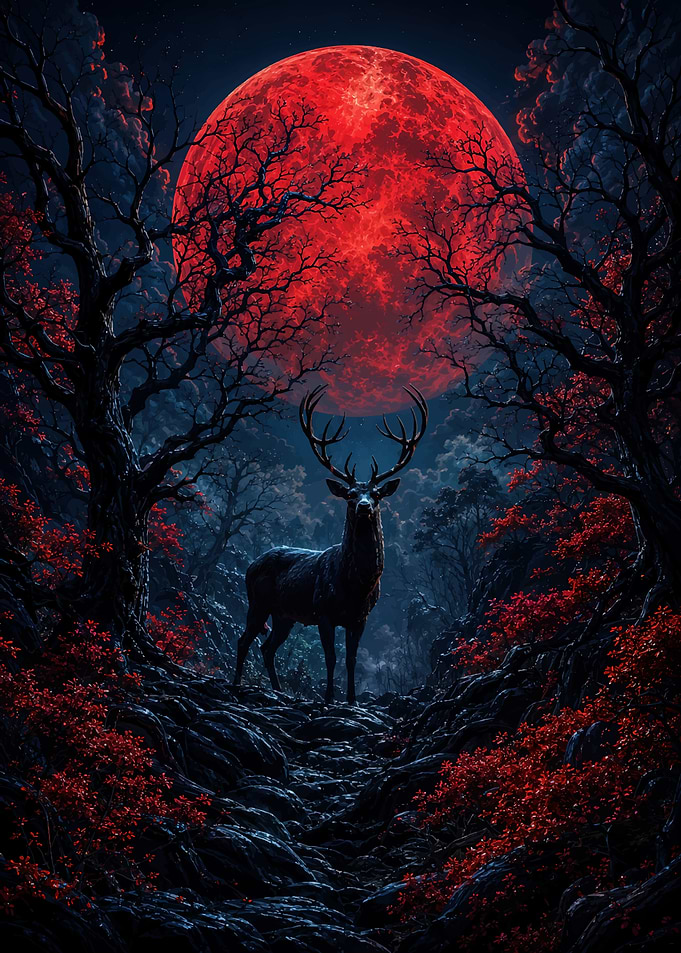 Stag Under a Blood Red Moon
