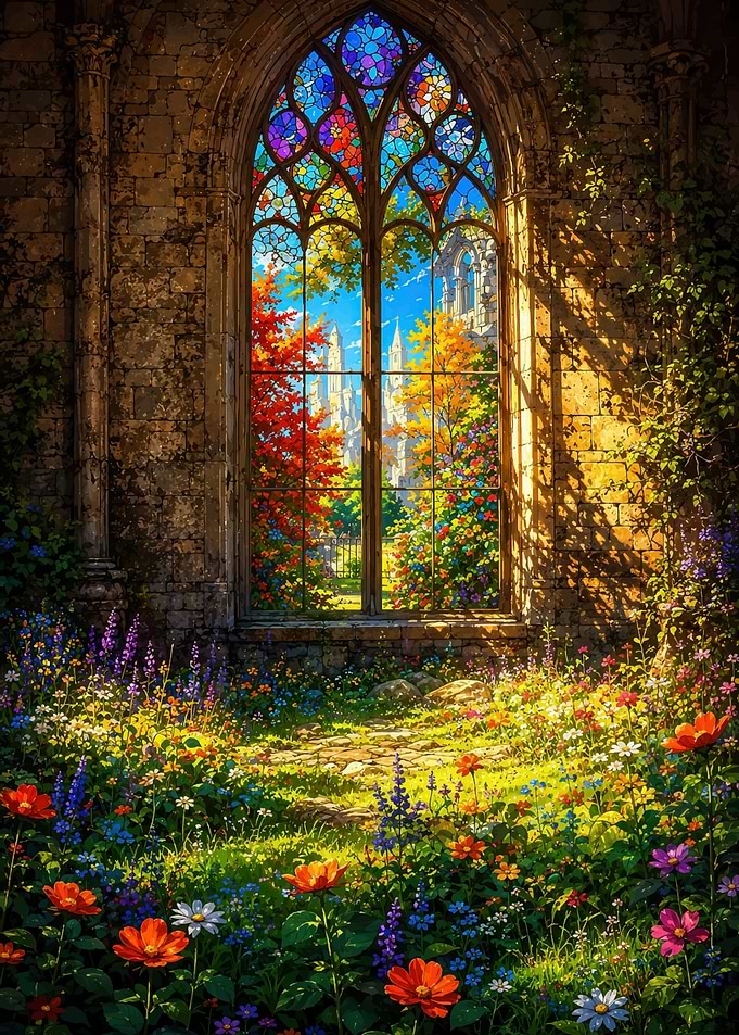Stained Glass Window in Garden Ruins
