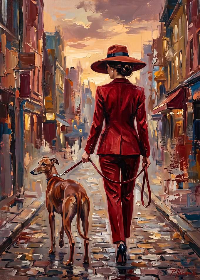 Elegant Woman Walking Greyhound in City