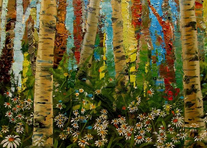 Impressionist Birch Forest with Daisies