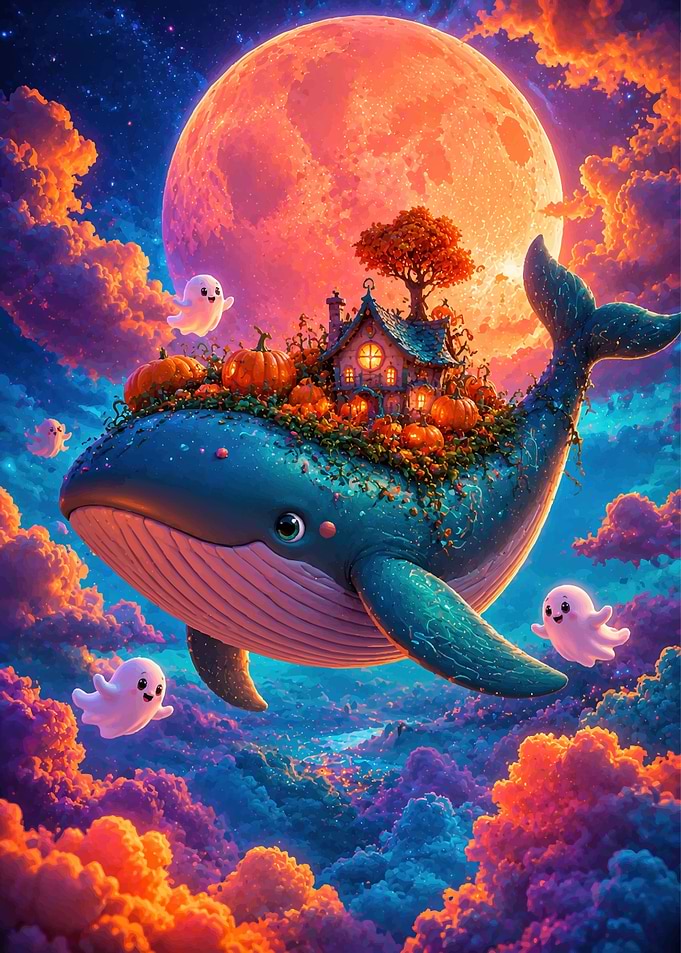 Whale Carrying a Magical Halloween Island