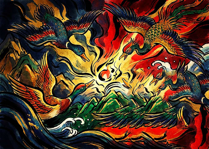 Mythical Birds and Flaming Sun Art