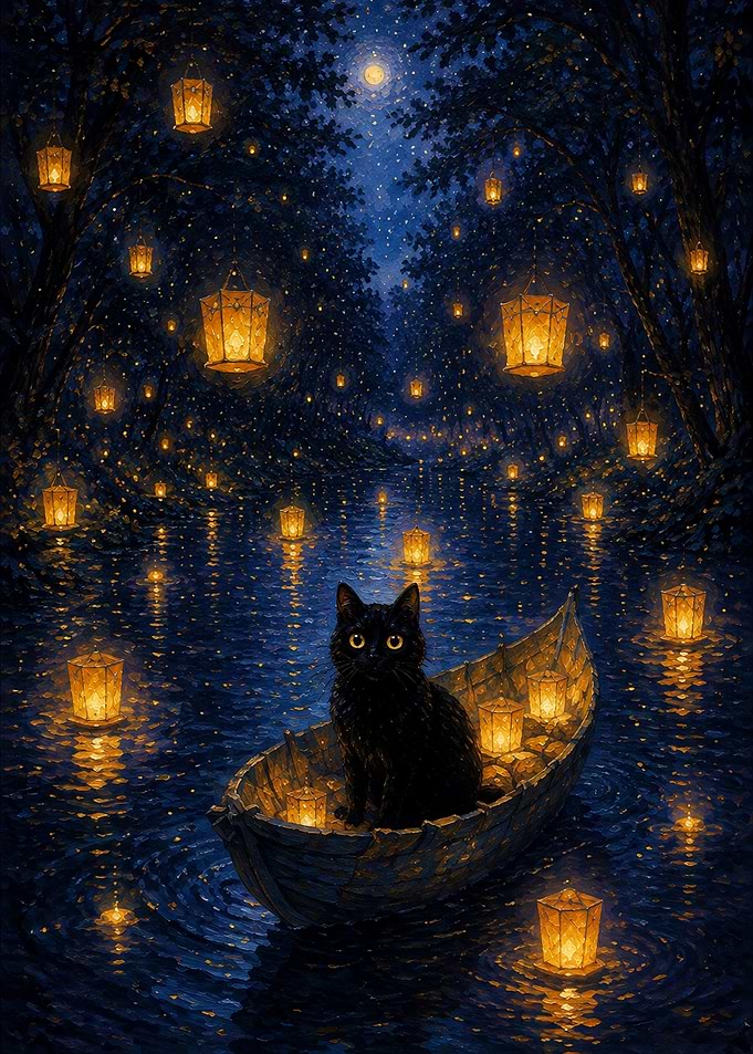 Black Cat in Lantern Lit Boat