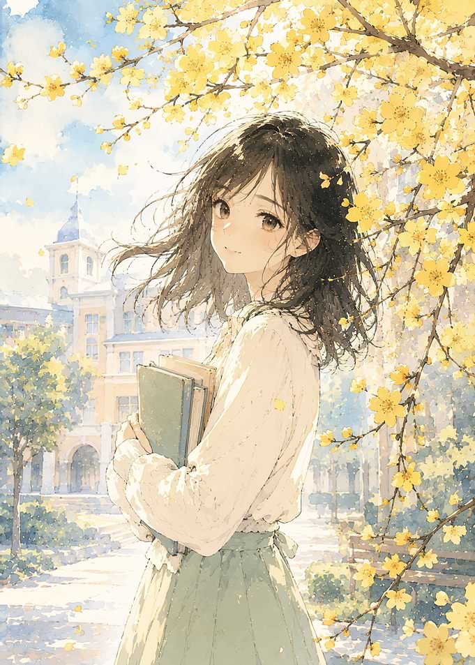 Anime Girl Under Yellow Blossoms