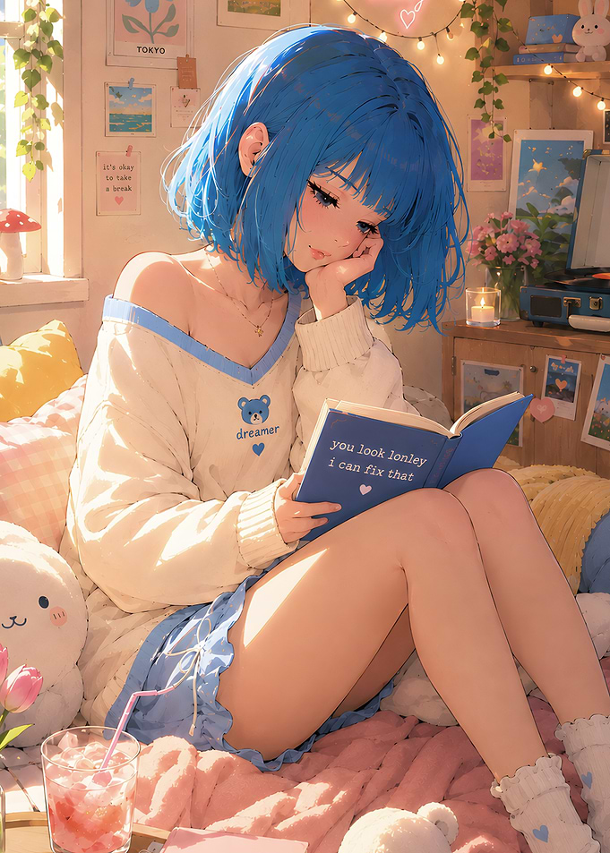 Anime Girl Reading in Cozy Room