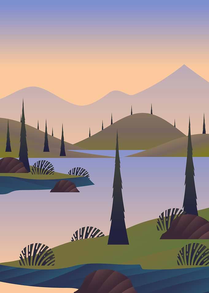 Pastel Mountain Lake Forest Landscape Wall Art