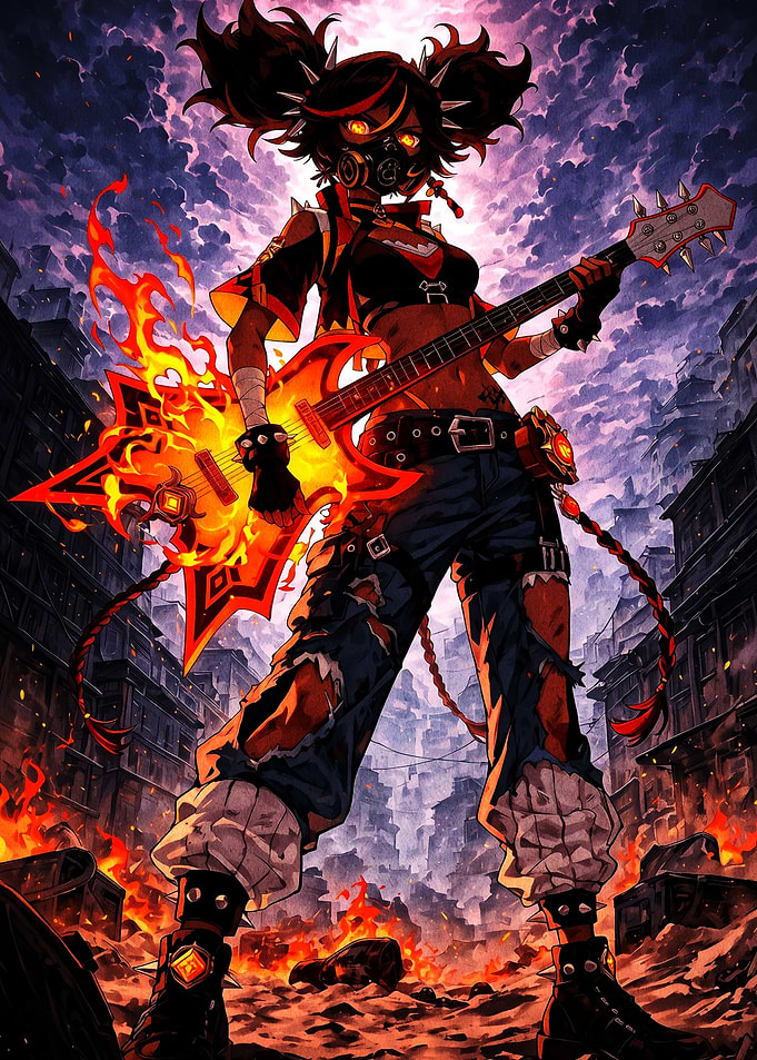 Anime Girl Playing Flaming Electric Guitar